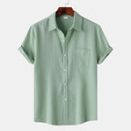 Green Men's Textured Linen Shirt — Olivia Short Sleeve Button-Front - Front Variant
