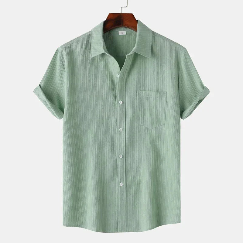 Green Men's Textured Linen Shirt — Olivia Short Sleeve Button-Front - Front Variant