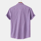 Purple Men's Textured Linen Shirt — Olivia Short Sleeve Button-Front - Back Full