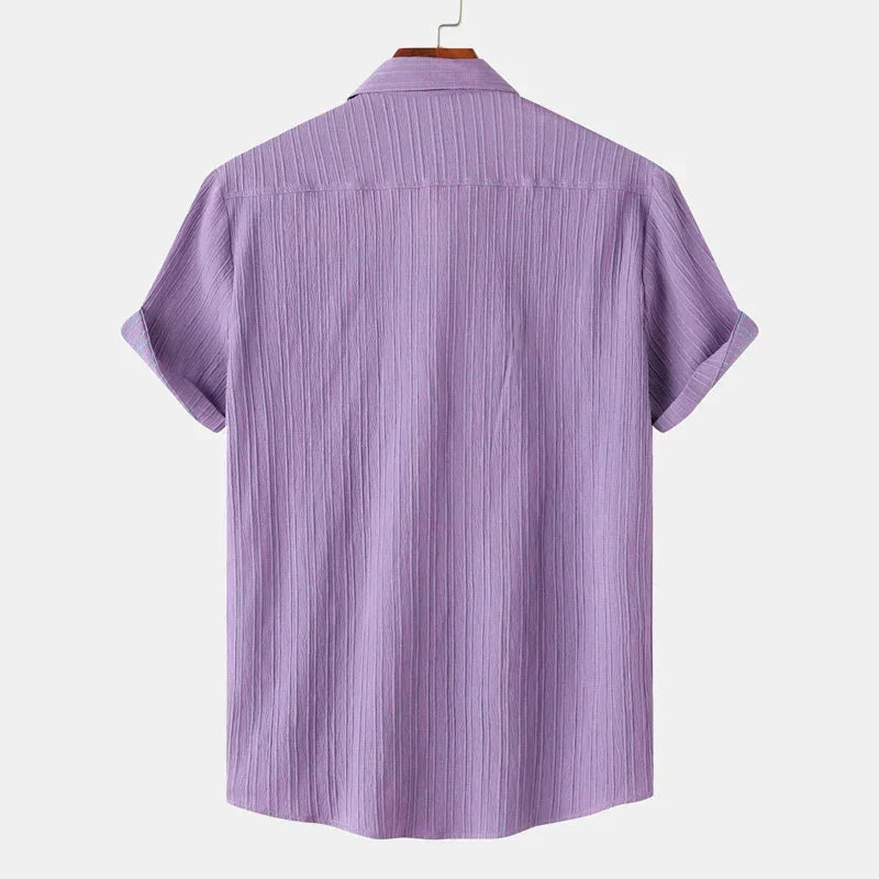 Purple Men's Textured Linen Shirt — Olivia Short Sleeve Button-Front - Back Full
