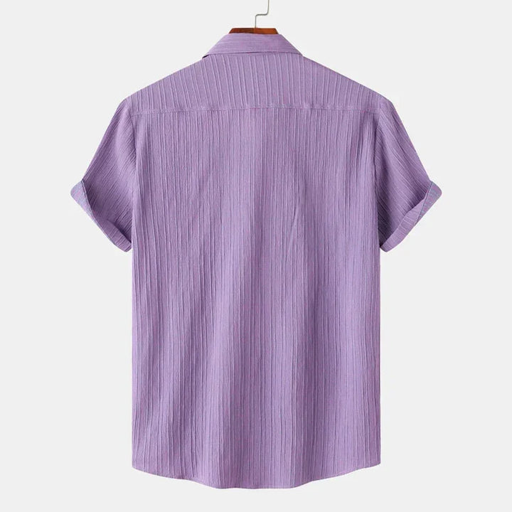 Purple Men's Textured Linen Shirt — Olivia Short Sleeve Button-Front - Back Full