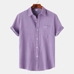 Purple Men's Textured Linen Shirt — Olivia Short Sleeve Button-Front - Front Full