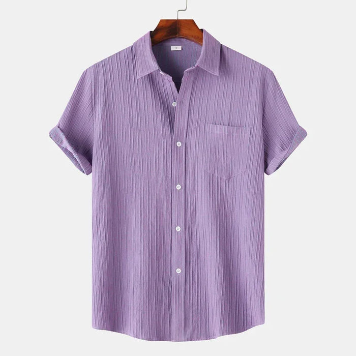 Purple Men's Textured Linen Shirt — Olivia Short Sleeve Button-Front - Front Full