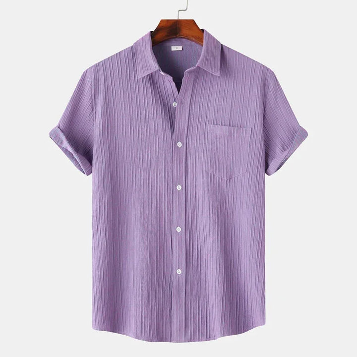 Purple Men's Textured Linen Shirt — Olivia Short Sleeve Button-Front - Front Full