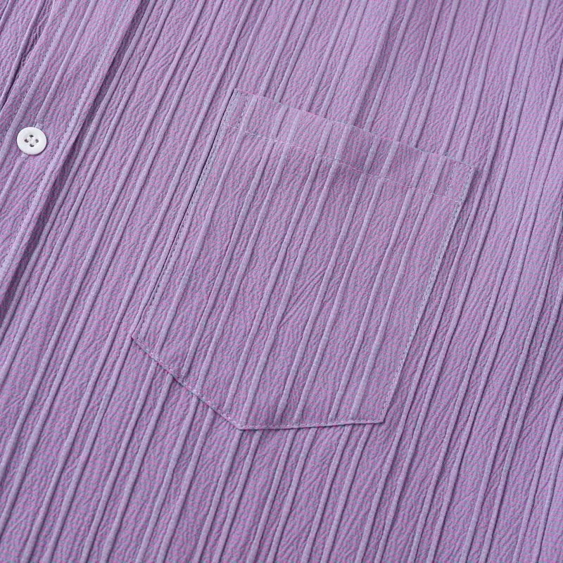 Purple Men's Textured Linen Shirt — Olivia Short Sleeve Button-Front - Pocket Detail