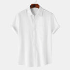 White Men's Textured Linen Shirt — Olivia Short Sleeve Button-Front - Front Variant