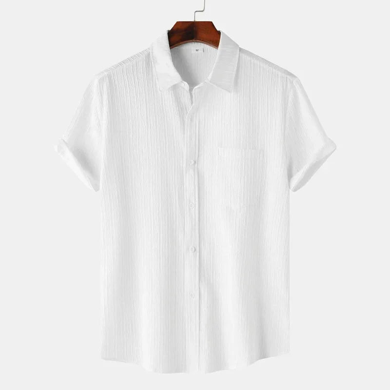 White Men's Textured Linen Shirt — Olivia Short Sleeve Button-Front - Front Variant