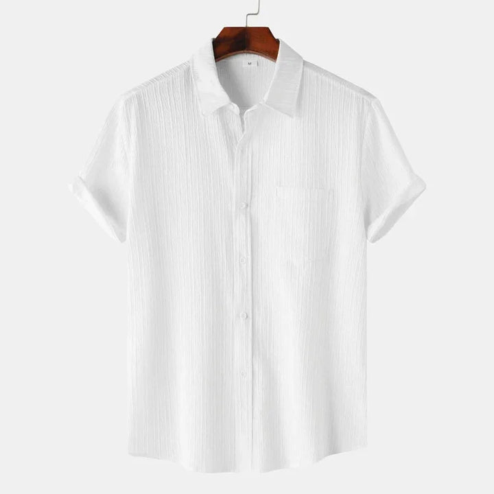 White Men's Textured Linen Shirt — Olivia Short Sleeve Button-Front - Front Variant