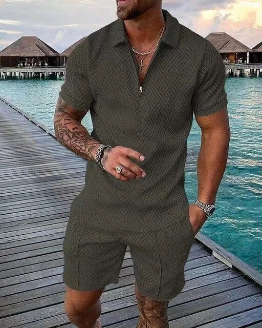 Army Green Men's Textured Polo Shirt & Shorts Co-Ord Set — Leo Zip Placket Summer - Front Lifestyle