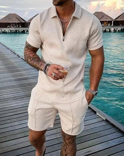 Beige Men's Textured Polo Shirt & Shorts Co-Ord Set — Leo Zip Placket Summer - Front Full