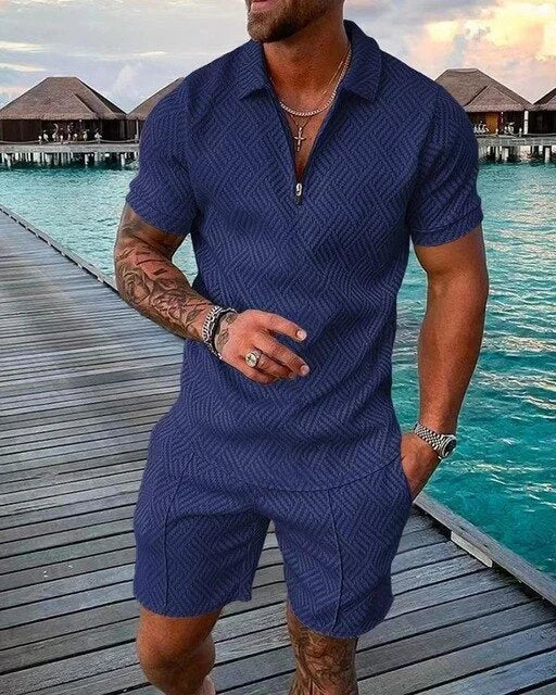 Navy Blue Men's Textured Polo Shirt & Shorts Co-Ord Set — Leo Zip Placket Summer - Front Standing