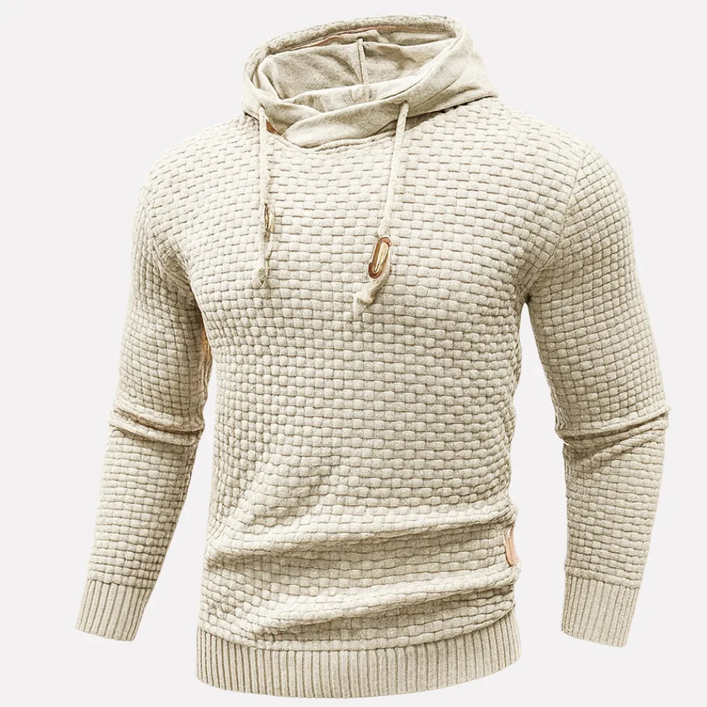 Beige Men's Textured Pullover Hoodie with Drawstring Hood & Relaxed Fit