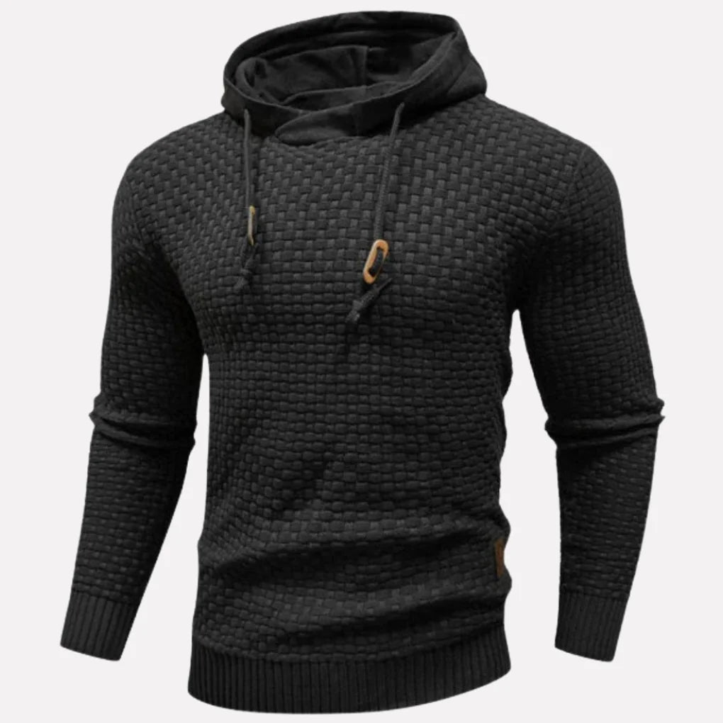Black Men's Textured Pullover Hoodie with Drawstring Hood & Relaxed Fit