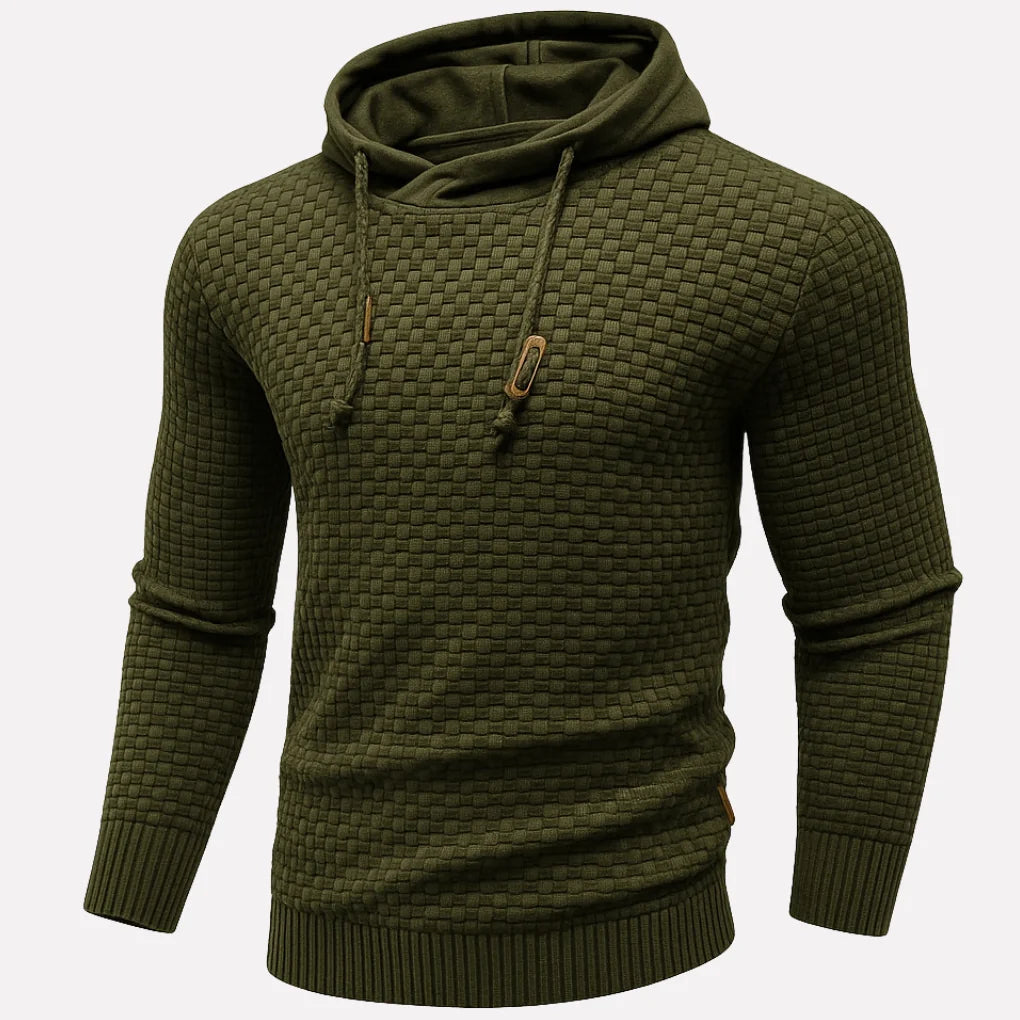 Dark Green Men's Textured Pullover Hoodie with Drawstring Hood & Relaxed Fit