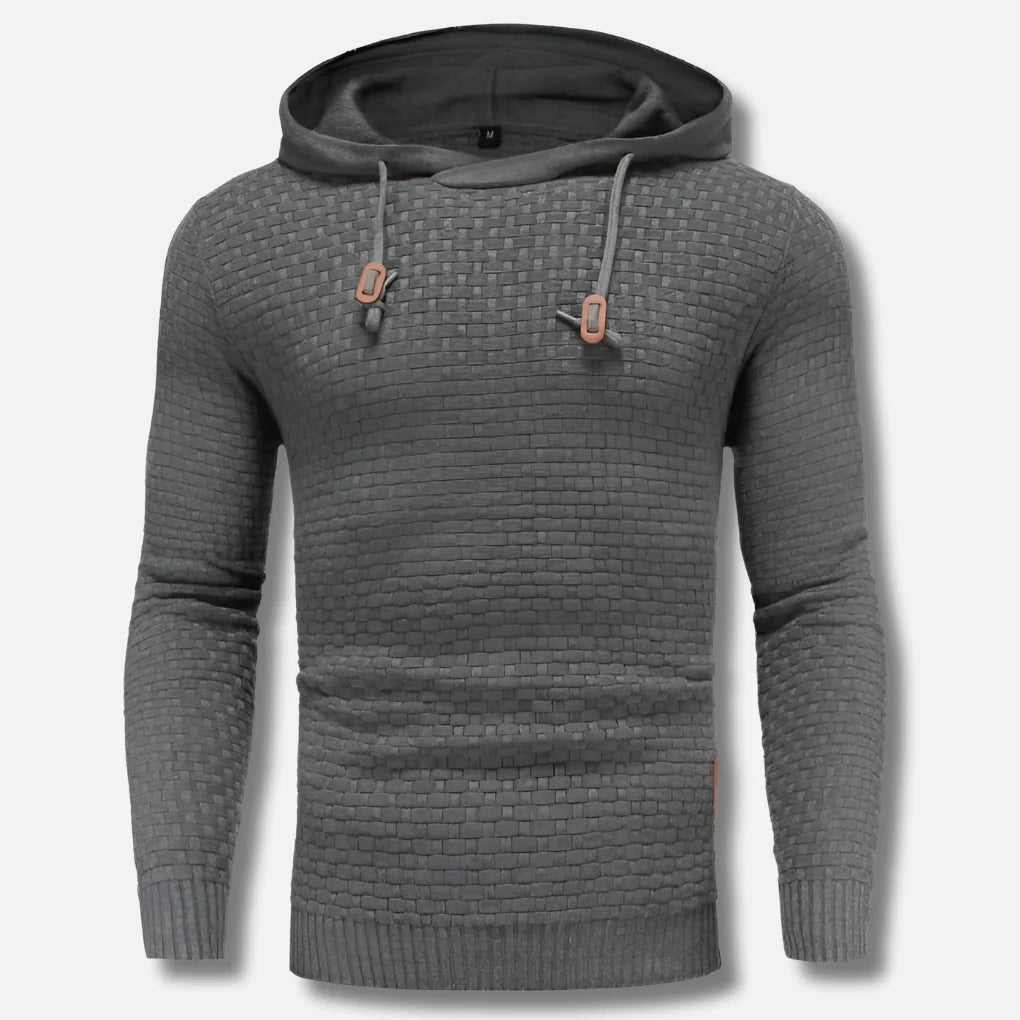Grey Men's Textured Pullover Hoodie with Drawstring Hood & Relaxed Fit