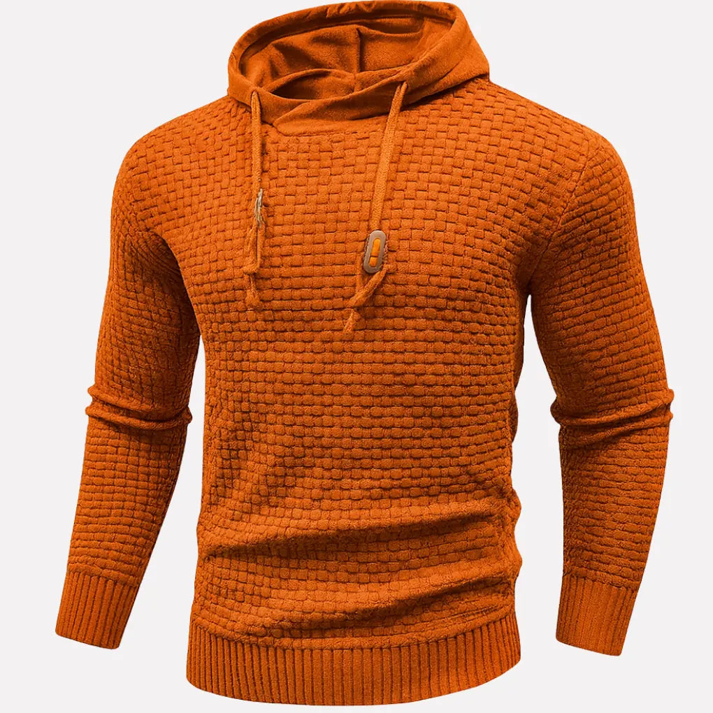 Orange Men's Textured Pullover Hoodie with Drawstring Hood & Relaxed Fit