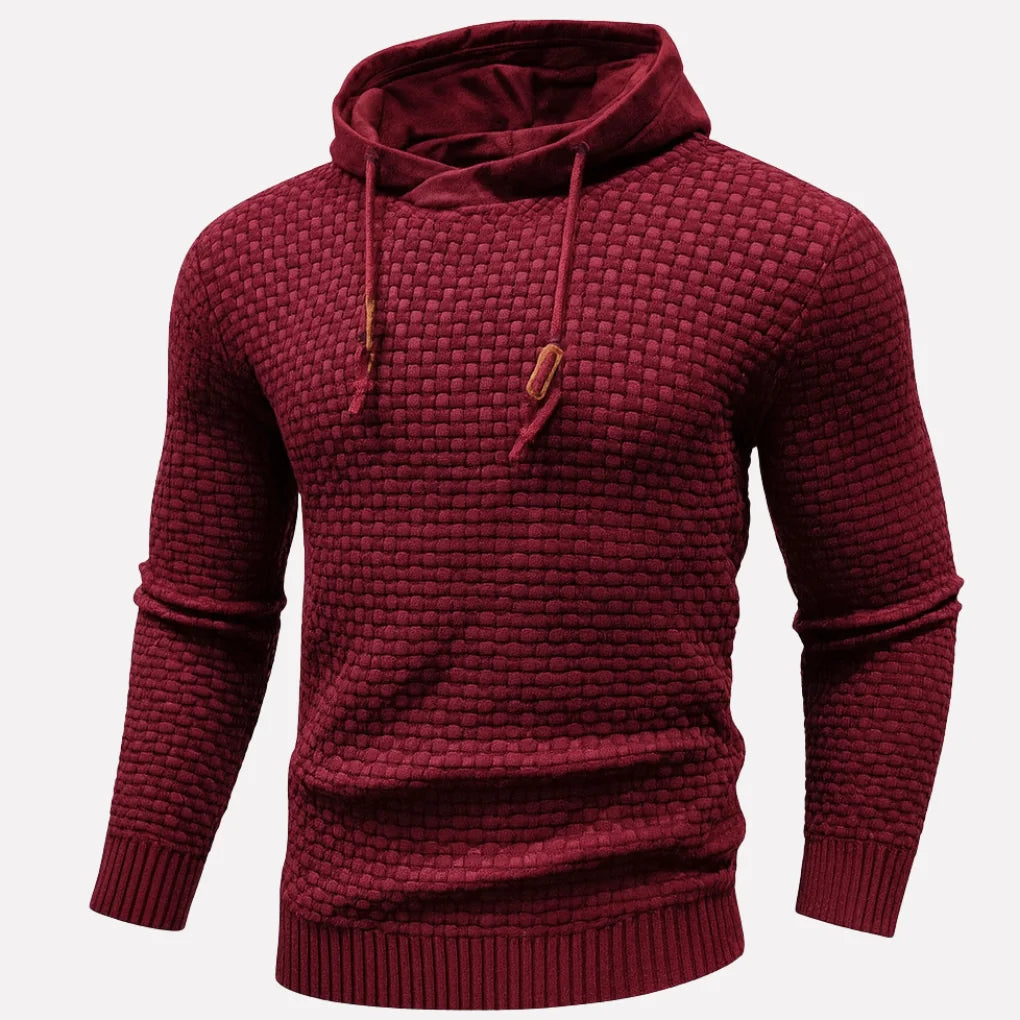 Red Men's Textured Pullover Hoodie with Drawstring Hood & Relaxed Fit