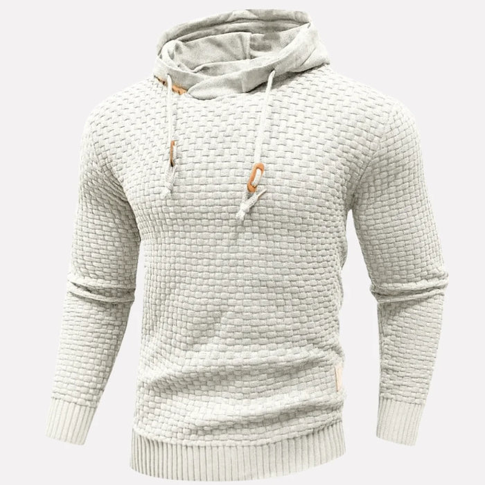 White Men's Textured Pullover Hoodie with Drawstring Hood & Relaxed Fit