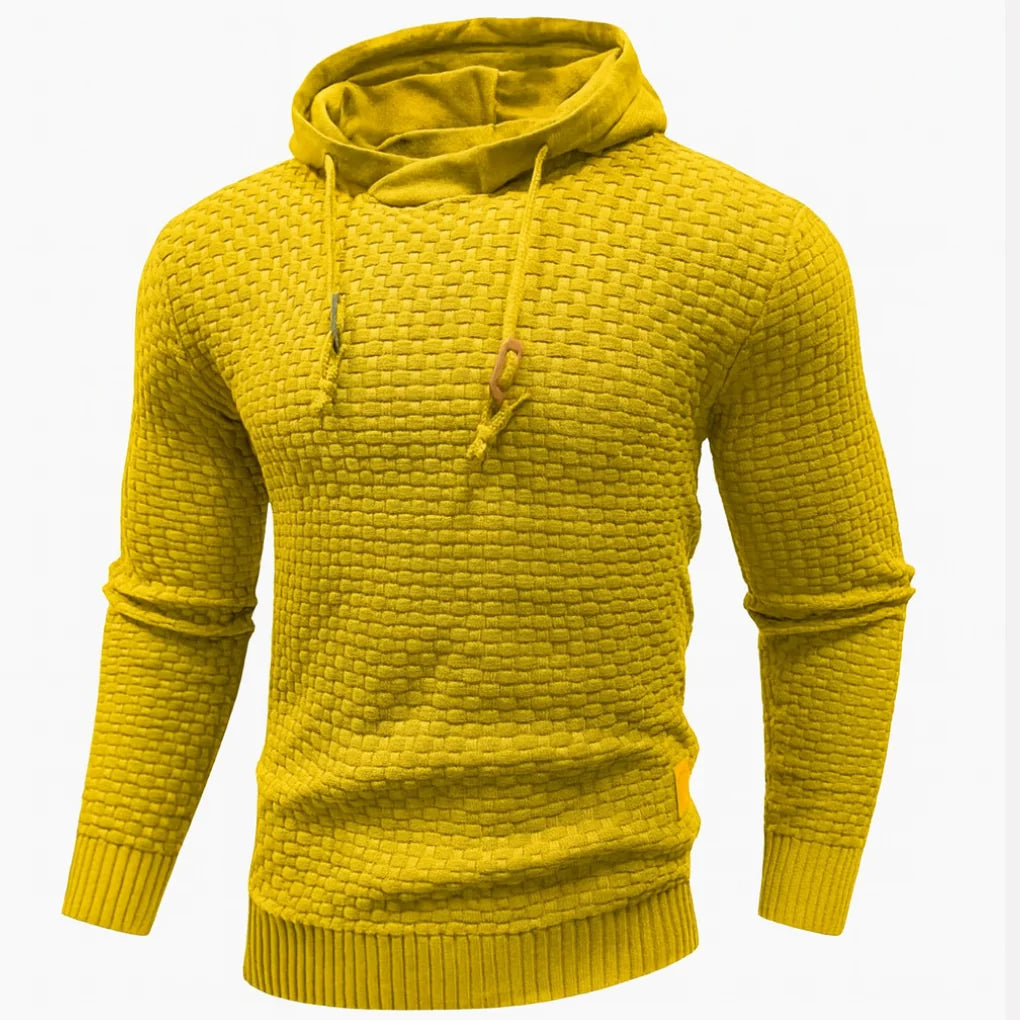 Yellow Men's Textured Pullover Hoodie with Drawstring Hood & Relaxed Fit