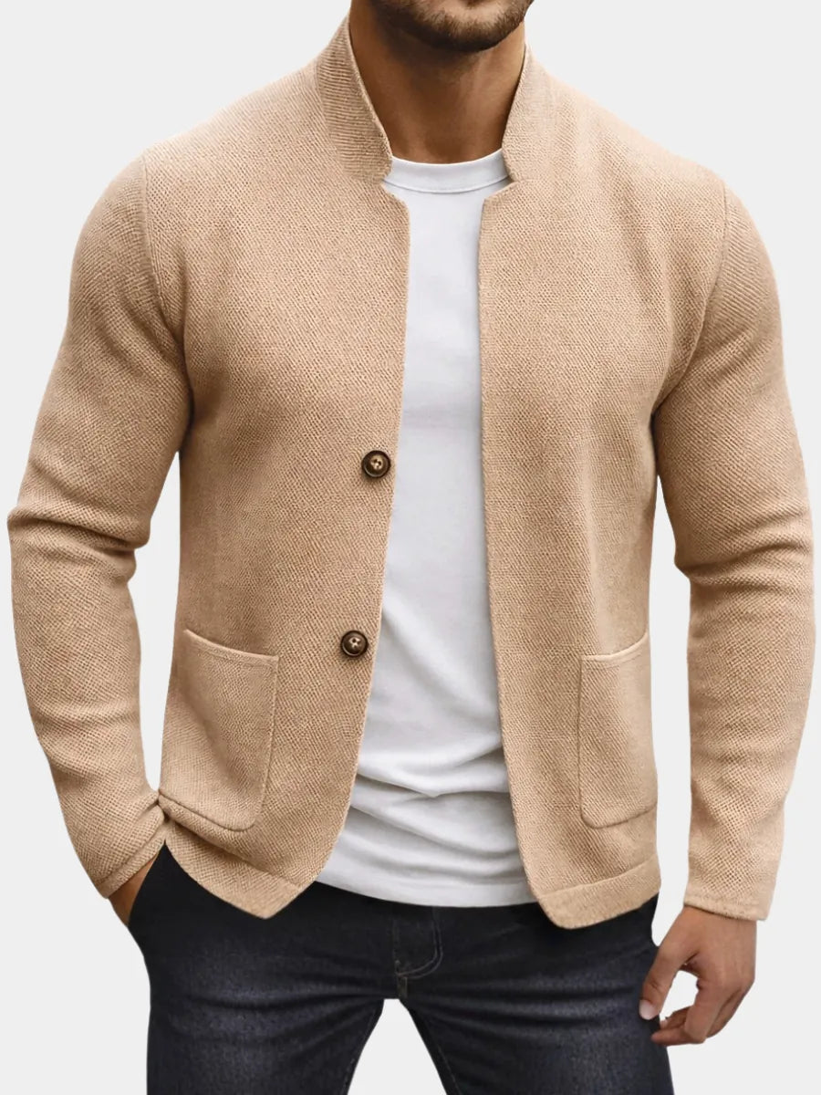 Men's Textured Cardigan with Stand Collar & Patch Pockets - Front Full