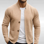 Beige Men's Textured Cardigan with Stand Collar & Patch Pockets