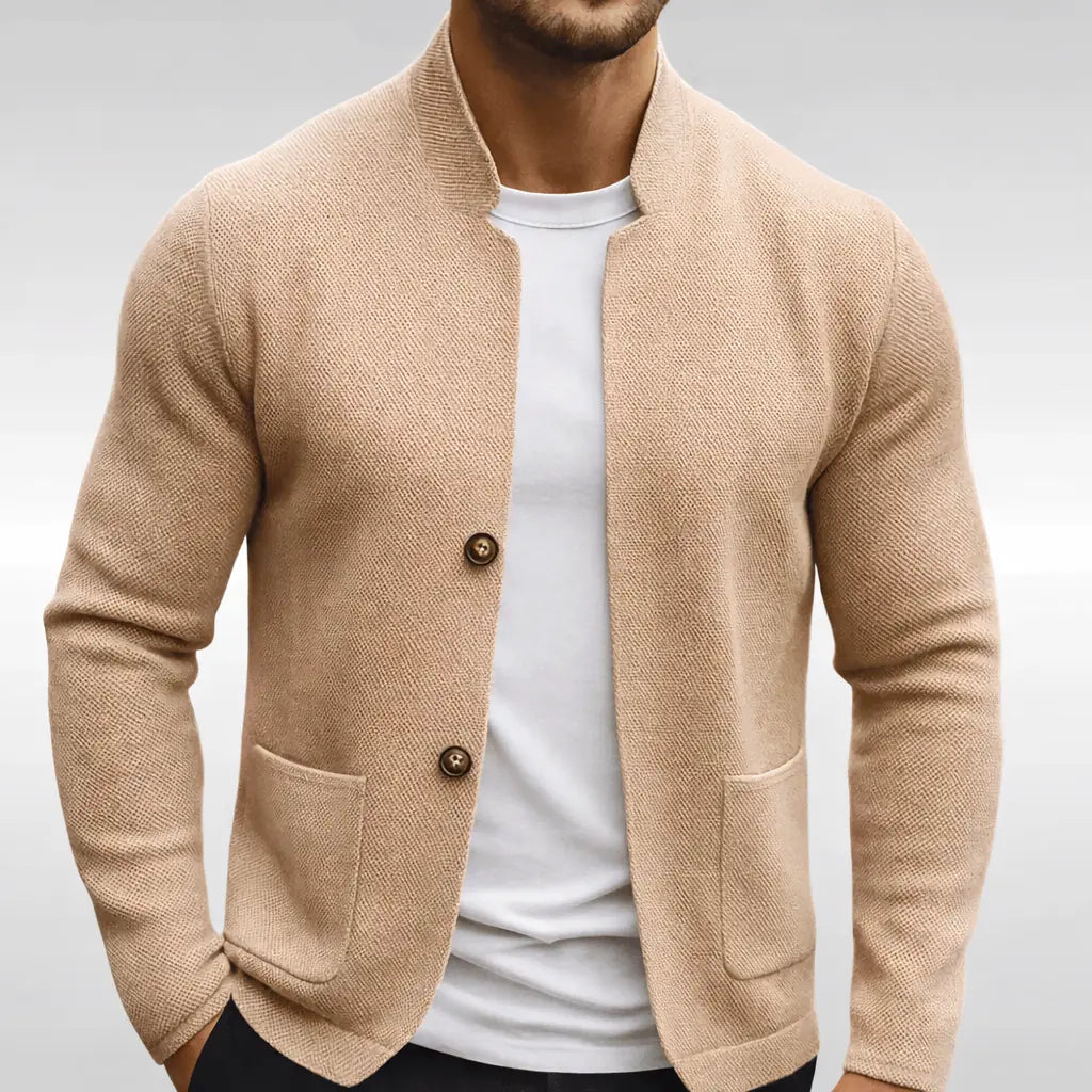 Beige Men's Textured Cardigan with Stand Collar & Patch Pockets