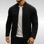 Black Men's Textured Cardigan with Stand Collar & Patch Pockets