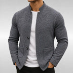 Grey Men's Textured Cardigan with Stand Collar & Patch Pockets