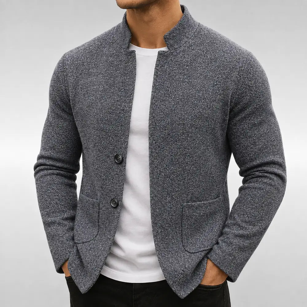 Grey Men's Textured Cardigan with Stand Collar & Patch Pockets