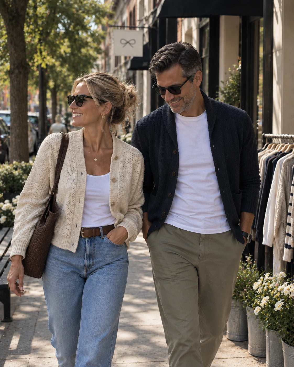 Woman in a cream cable-knit cardigan and man in a navy shawl-collar cardigan walking a sunlit shopping street.