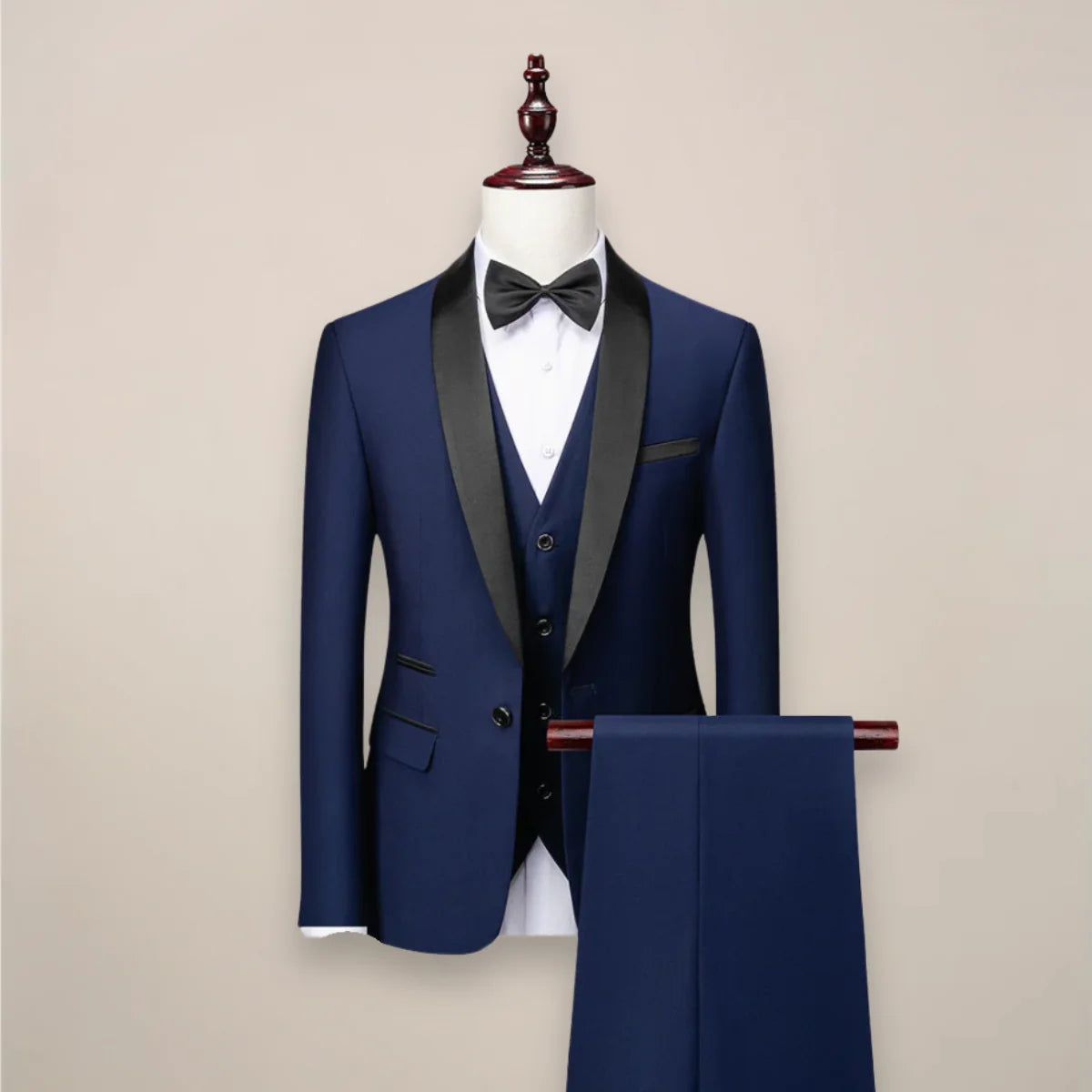Navy Blue Men's Three Piece Shawl Lapel Tuxedo with Satin Trim & Tailored Fit — Holden