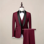 Wine Men's Three Piece Shawl Lapel Tuxedo with Satin Trim & Tailored Fit — Holden - Red