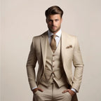 Beige Men's Three Piece Wedding Suit with Notch Lapel & Chain-Detail Waistcoat — Ronan
