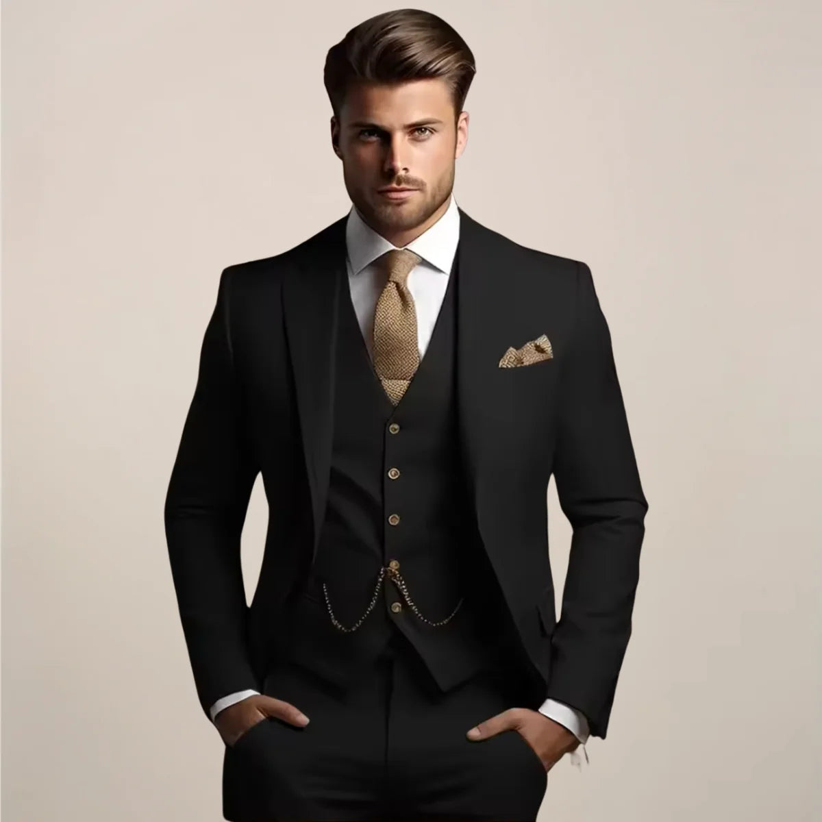Black Men's Three Piece Wedding Suit with Notch Lapel & Chain-Detail Waistcoat — Ronan