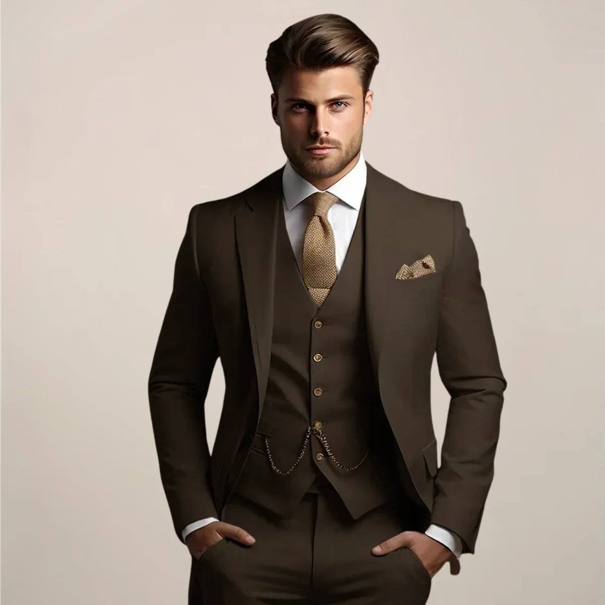 Dark Brown Men's Three Piece Wedding Suit with Notch Lapel & Chain-Detail Waistcoat — Ronan