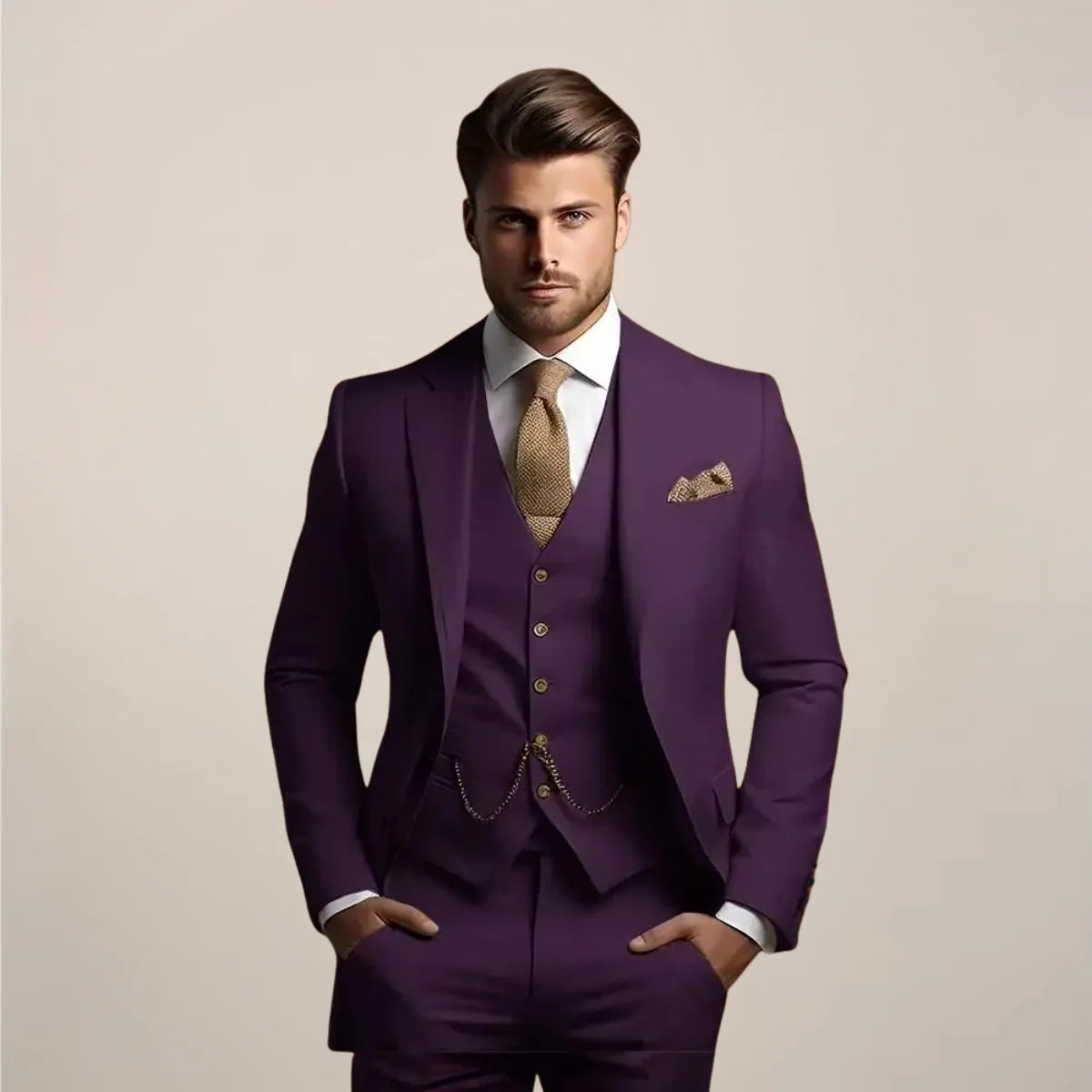 Dark Men's Three Piece Wedding Suit with Notch Lapel & Chain-Detail Waistcoat — Ronan - Purple