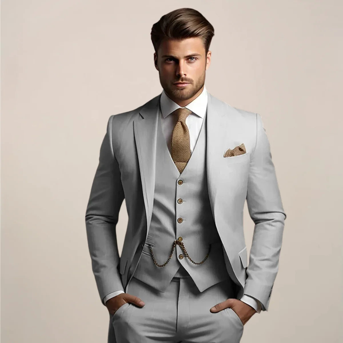 Grey Men's Three Piece Wedding Suit with Notch Lapel & Chain-Detail Waistcoat — Ronan