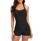 Black Women's One Piece Swimsuit with Halter Neck & Ruched Tummy Control