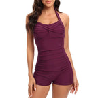 Burgundy Women's One Piece Swimsuit with Halter Neck & Ruched Tummy Control
