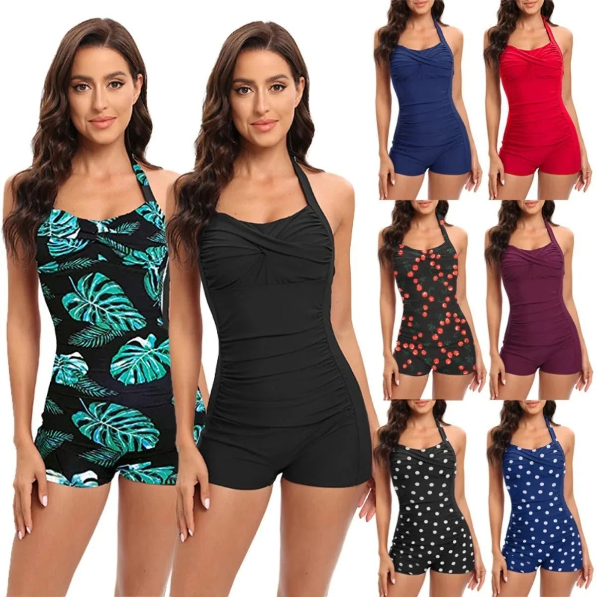 Women's One Piece Swimsuit with Halter Neck & Ruched Tummy Control - Collage Grid