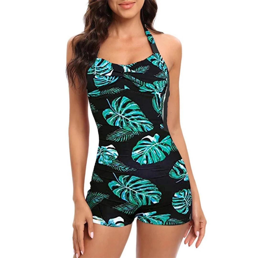 Leaf Green Women's One Piece Swimsuit with Halter Neck & Ruched Tummy Control - Front Tropical Print