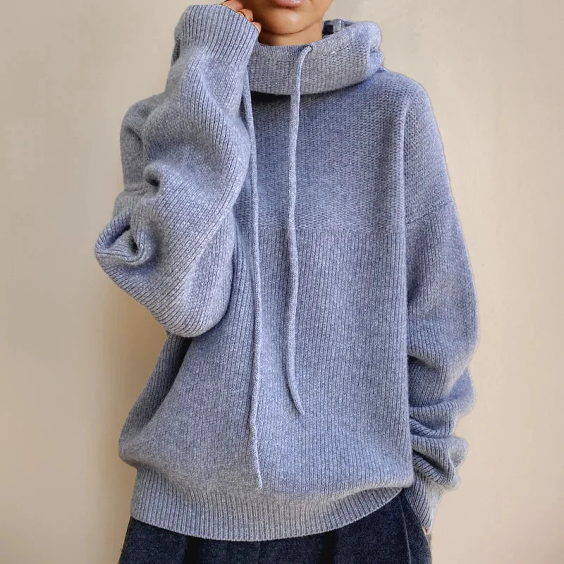 Women's Merino Wool Turtleneck Sweater with Drawstring Hood & Oversized Fit - Front Full