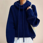 Blue Women's Merino Wool Turtleneck Sweater with Drawstring Hood & Oversized Fit