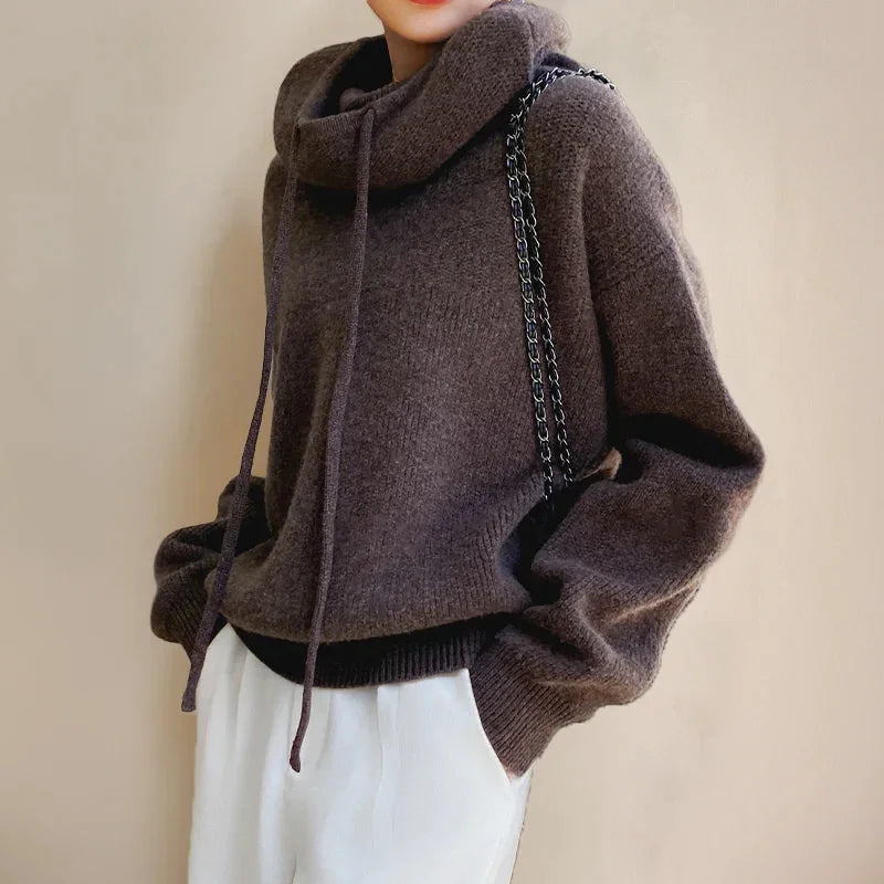Brown Women's Merino Wool Turtleneck Sweater with Drawstring Hood & Oversized Fit - Side Pose