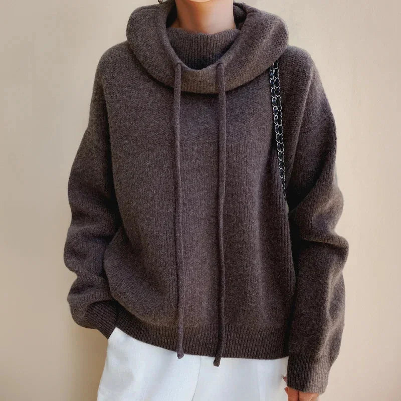 Women's Merino Wool Turtleneck Sweater with Drawstring Hood & Oversized Fit
