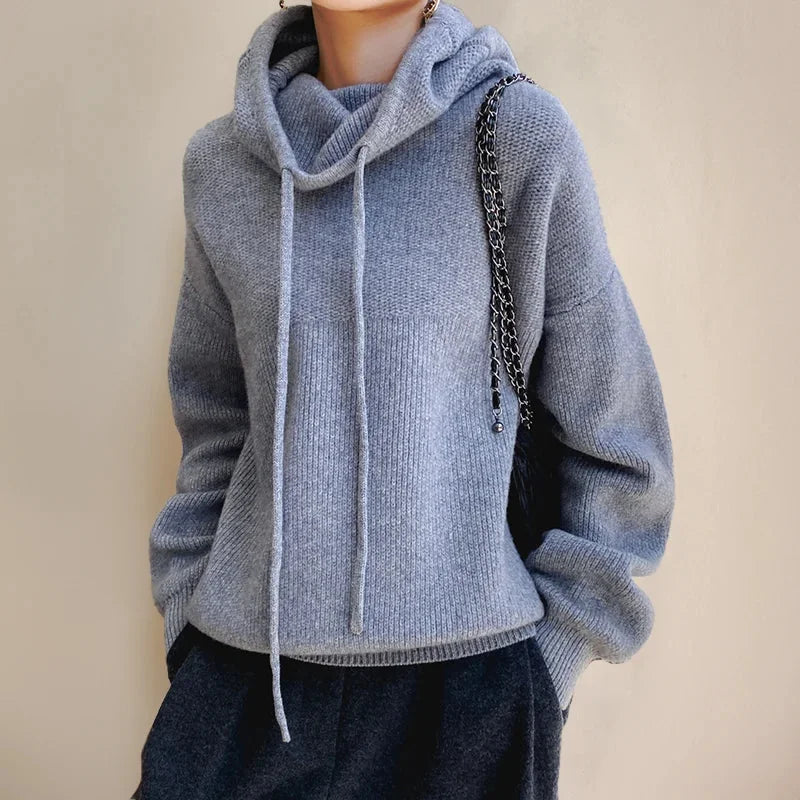 Women's Merino Wool Turtleneck Sweater with Drawstring Hood & Oversized Fit