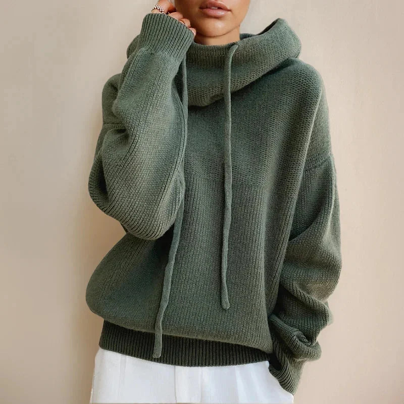 Women's Merino Wool Turtleneck Sweater with Drawstring Hood & Oversized Fit