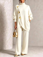 Beige Women's Turtleneck Pants Set with Asymmetric Button-Front Sweater & Wide-Leg Trousers