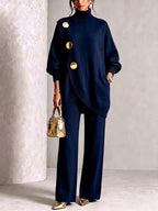 Dark Blue Women's Turtleneck Pants Set with Asymmetric Button-Front Sweater & Wide-Leg Trousers