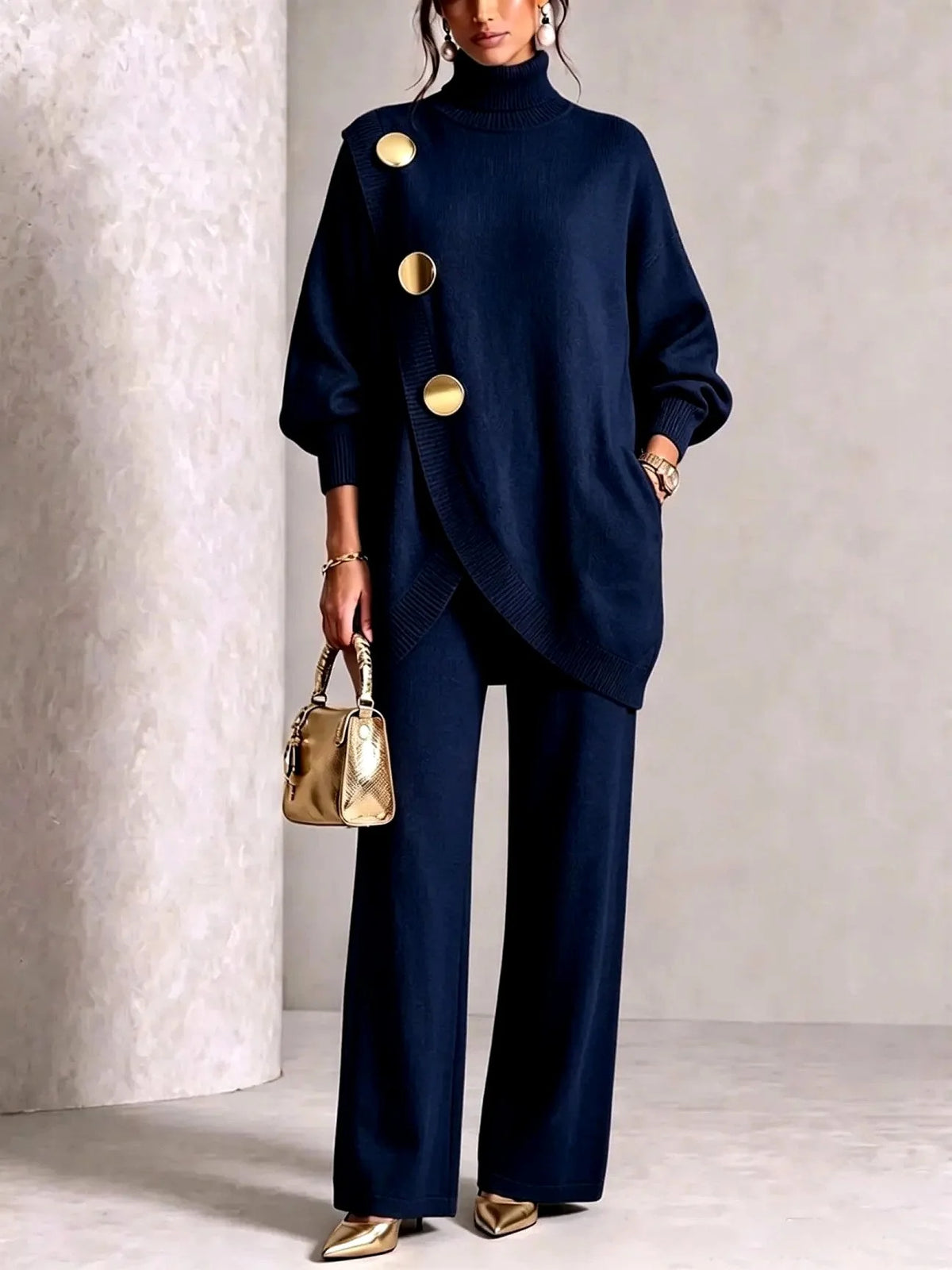 Dark Blue Women's Turtleneck Pants Set with Asymmetric Button-Front Sweater & Wide-Leg Trousers